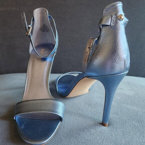 NINE WEST "Mana" Light Blue Metallic Pebbled Leather Stiletto Sandal. Size 9. - Picture 1 of 8